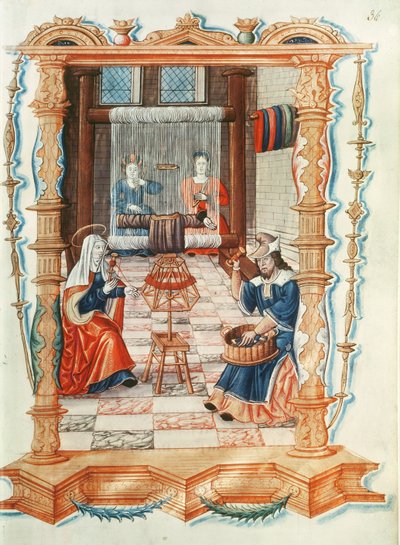 The Virgin Mary weaving in a workshop, from Chants royaux sur la Conception couronnee du Puy de Rouen by French School