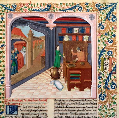 A patient in his bed and an apothecary preparing medicine, from Le Livre des Proprietes des Choses by Barthelemy l