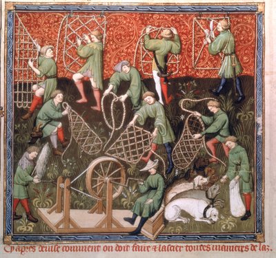 Men with nets, from the Livre de la Chasse by Gaston Phebus de Foix by French School