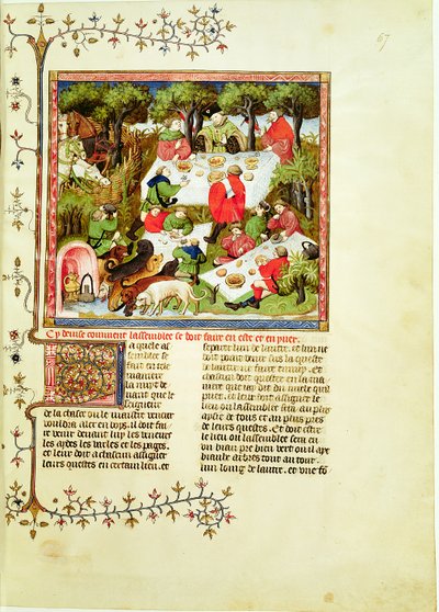 Hunters feasting before the stag hunt, from Livre de la Chasse by Gaston Phebus de Foix (1331-1391) by French School