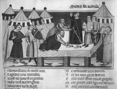 Arming a knight, from the Roman de Troie, 13th-14th century by French School