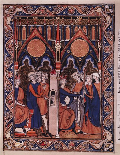 Joseph explains the dream of the Pharaoh and the Pharaoh reinstating his butler, from the Psalter of St. Louis, c.1258-70 by French School