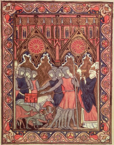 Abraham presents his prisoners and his booty to Melchizedek, from the Psalter of St. Louis, c.1258-70 by French School