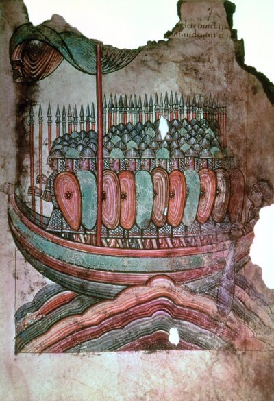 Norman soldiers crossing the English channel, from La Vie de Saint Aubin dAngers by French School