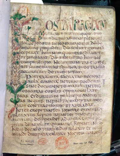 Zoomorphic historiated initial P, from a work by Saint Augustine (354-430) by French School