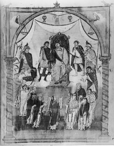 King Charles II Receiving a Bible from Count Vivian and the Monks of Saint-Martin de Tours, from the First Bible of Charles the Bald, c.843-51 by French School