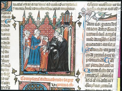 Parents offering a bishop money to take their son into the abbey, 1314 by French School