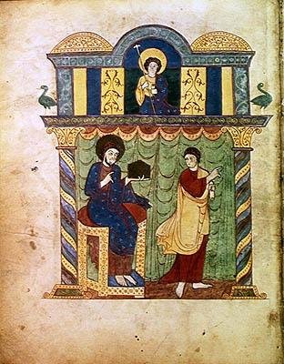 Jesus Presenting the Gospel to St. Matthew, from a Commentary on the Apocalypse by the Asturian Monk Beatus of Liebana by French School