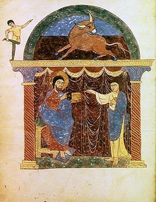 Jesus presenting the gospel to St. Luke, from a Commentary on the Apocalypse by the Asturian monk Beatus of Liebana by French School