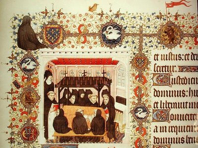 Mourning of the Duchess, with coats of arms and animal details, from the Grandes Heures de Duc de Berry by French School