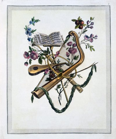 Musical instruments, from a book of engraved plates of Oppenords designs, published 1745 by French School