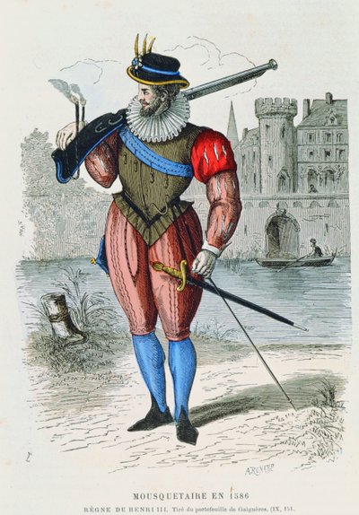 Musketeer in 1586, illustration from Costumes de Paris a travers les siecles by H. Gourdon de Genouillac, engraved by A. Renard by French School