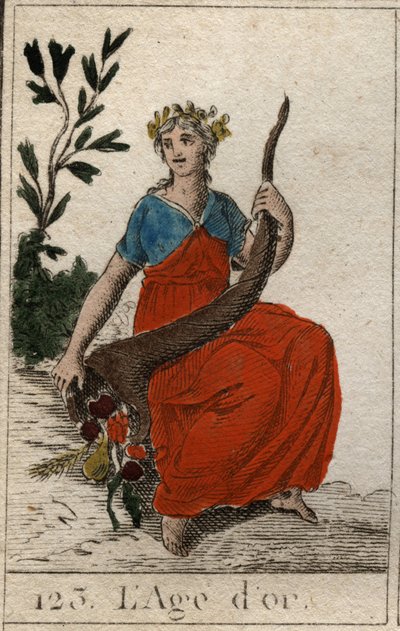 Myth of the Ages of Humanity: representation of the Golden Age, as a young virgin with perfect beauty, crowned with flowers and holding a horn of abundance. From 