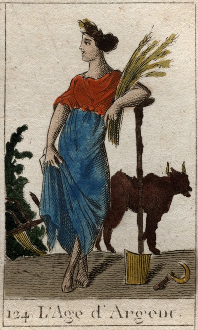 Myth of the Ages of Humanity: Representation of the Silver Age as a Young Woman Holding a Wreath of Wheat Near a Plough. From 