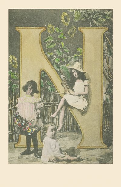 A girl holding a violin, another carrying flowers, a baby sitting by French School