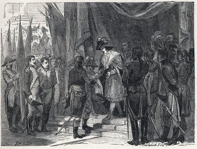 Napoleon Bonaparte (1769-1821) handing over the Treaty of Campoformio to the member of the Executive Board on 10 December 1797. This treaty between France and Austria marks the end of the First Coalition by French School