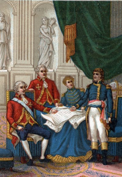 Napoleon Bonaparte in Amiens on 25 March 1802, England and France signed a peace treaty that ended the second European coalition against France. (The Peace of Amiens, 25th March 1802) by French School