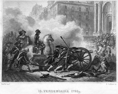 Napoleon Crushing Royalist Rebellion - Napoleon Bonaparte (on horseback) commanding revolutionary troops in street fighting on 13 Vendemiaire (5 October) - 13 Vendemiaire 1795 (Royalist insurrection of 5 October 1795) by French School