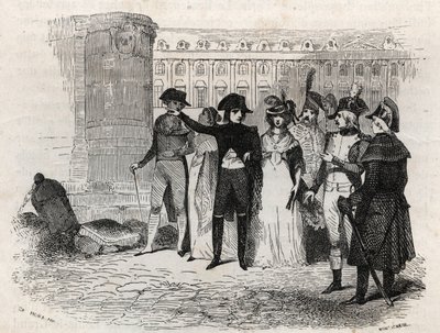 Napoleon walking with Madame Tallien, nee Theresa Cabarrus, Princess of Caraman, Princess of Caraman Chimay, place Vendome in Paris - engraving in Les rues de Paris by French School