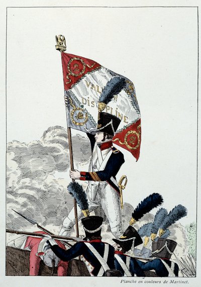 Napoleonic Armee: Line Infantry. Sergeant Major planting his eagle on a dread that was drastically wiped out. Engraving by Martinet by French School