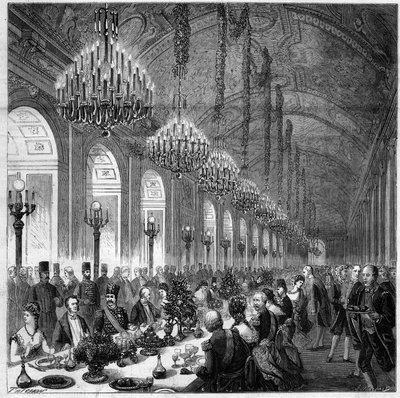 Nasir Al-Din (Nasser al-Din) (1831-1896) Shah from Persia to Versailles. Banquet in the ice gallery. to his left Albert, Duke of Broglie (1821-1901). by French School