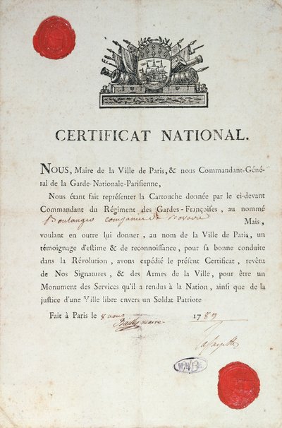 National Certificate of Good Behaviour during the French Revolution, 8th August 1789 in Paris by French School