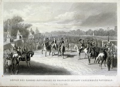 National Guard soldiers protect the National Assembly in Paris. Engraving during the French 1848 Revolution by French School