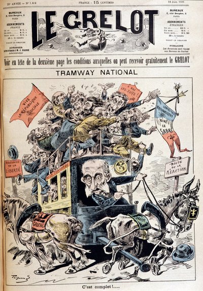 National tram: France discarded between the ideas of left and right, caricature about the Meline government - in Le Grelot of 12/06/1898 by French School