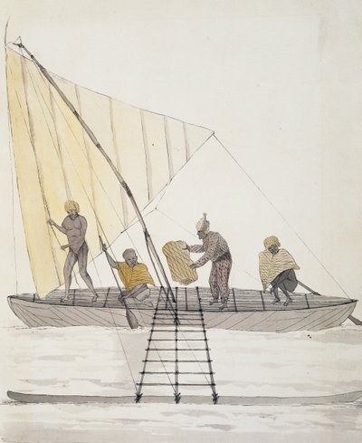 Natives from Iles Basses and balanced sail canoe, watercolor by Jules-Louis Lejeune, from Duperrey