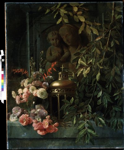Still Life (Virgin and Child, Lantern, Flowers) by French School