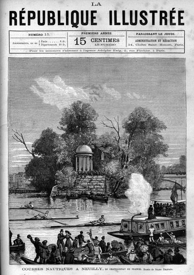 Nautical races: French rowing championship organized on the Seine facing the Ile de la Grande Jatte in Neuilly. A newspaper. Engraving from 1880 in 