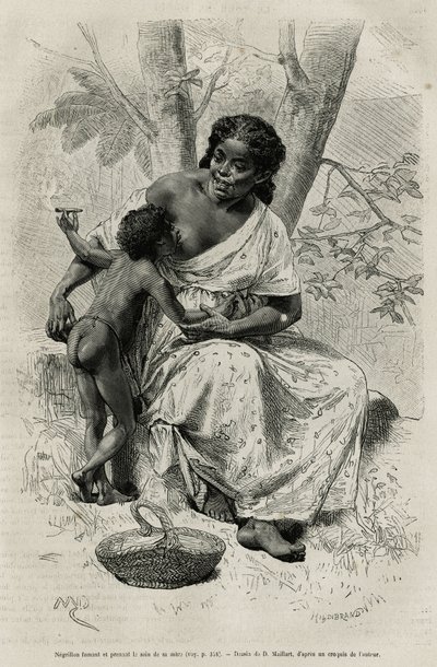 Negillon Smoking and Taking the Bosom of Her Mother in Darien (Eastern Panama) (engraving after a drawing by D. Maillart, to illustrate the story Exploration at the Isthmus of Panama and Darien by A. Reclus, 1876-1878) by French School