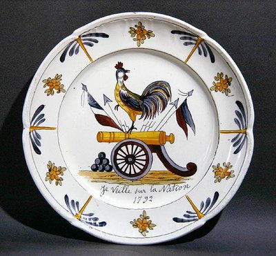 Nevers Plate Depicting a Cockerel on a Cannon by French School