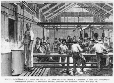 New Caledonia, Workshop at Ouaco, Making Tins, After a Photography Given by the Marist Reverend Father Forestier, Illustration from the Bulletin Les Missions Catholiques, 1889 by French School