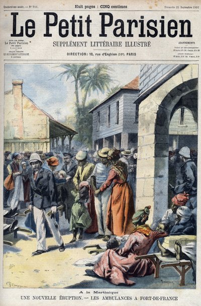 New volcanic eruption from the Montagne Pelee volcano in Martinique: ambulances in Fort de France. Engraving in 