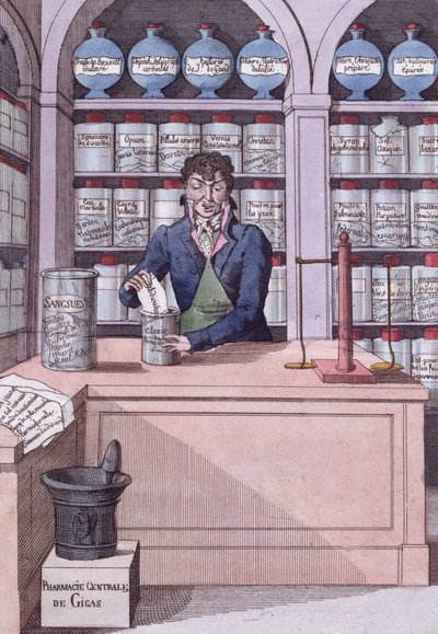 Newspaper dispensary under Napoleon, or the Chemist Academician, cartoon depicting the Press crushed by Napoleon by French School