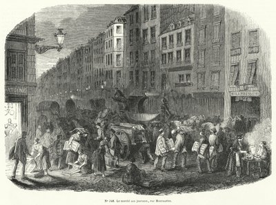 Newspaper Market, Rue Montmartre, Paris (engraving) by French School