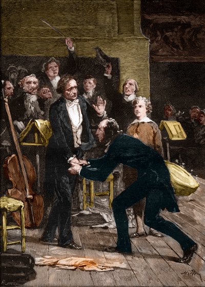 Niccolo Paganini and Hector Berlioz, after a fantastic performance of a Symphony by French School