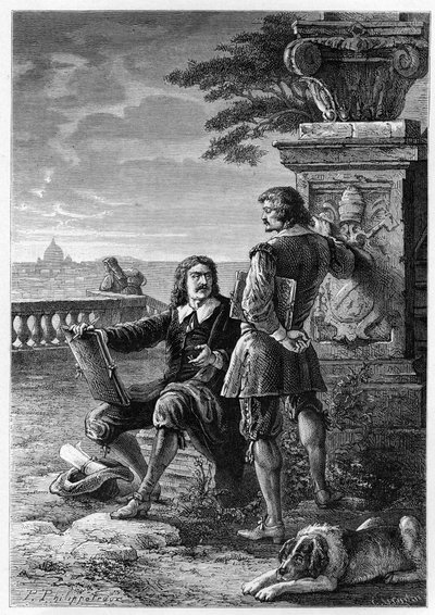 Nicolas Poussin and Claude Gellee in Rome - Engraving from 