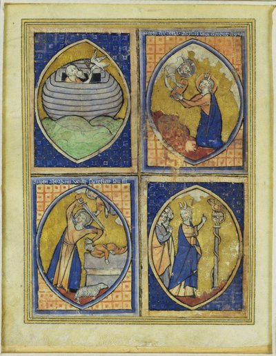 Noah receiving the White Dove, Moses receiving the Tables of the Law, the sacrifice of Abraham, Moses and the Brazen Serpent, late 13th century by French School