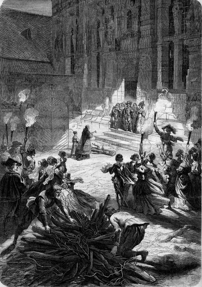 Noel in France under Louis XIII: the lord stands in front of the door of his castle while a priest consecrates the buche that must bring benediction to the dwelling. In the courtyard, the peasants set up a butcher. 17th century. Engraving in 
