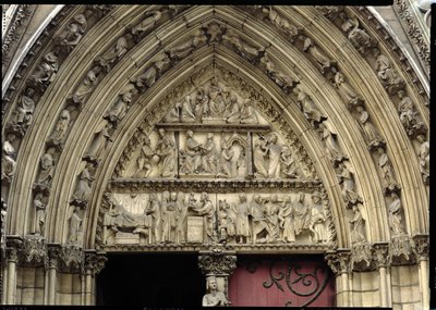 North transept portal, detail of tympanum depicting scenes from The Infancy of Christ and the Story of Theophilus by French School
