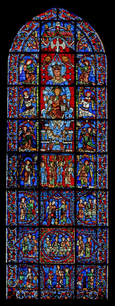 Notre Dame de la Belle Verriere; below are scenes of the Cana Marriage and Christ