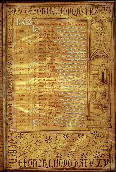 November calendar page: representation of a peasant discovering a pig. French manuscript by French School