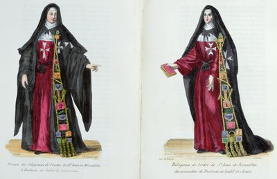 Nuns of the Order of St. John of Jerusalem, illustration from History and Costumes of Monastic Orders by Father Helyot, 1842 by French School