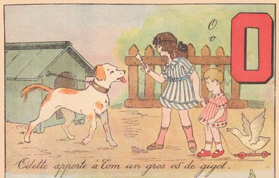 Odette brings Tom a large leg bone, around 1920 by French School