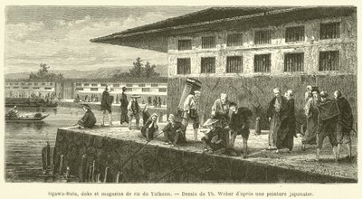 Ogawa-Bata, Docks and Rice Warehouses of the Taikun (engraving) by French School