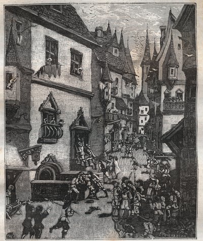 On 20 May 1636 eight counterfeiters were arrested in rue Champfleuri by two police commissioners accompanied by a dozen sergeants - in Paris a travers les siecles by Nicolas Jules Henri Gourdon de Genouillac (1826-1898). by French School