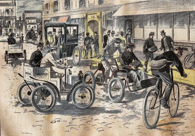 On 5 Oct.1899, Under-Secretary of State at the Post Office Leon Mougeot Presided Over the First Tests of Bicycles and Various Automobiles for the Lift of Mail, at the Central Post Office of the XII Arrondissement of Paris. Engraving in 