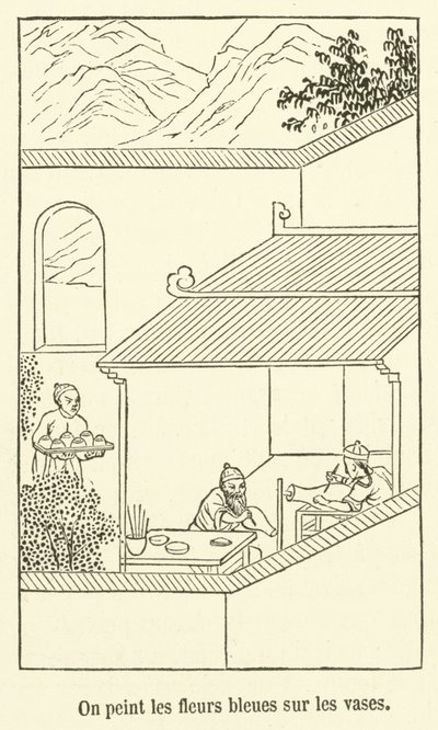 Painting Blue Flowers on Vases (engraving) by French School